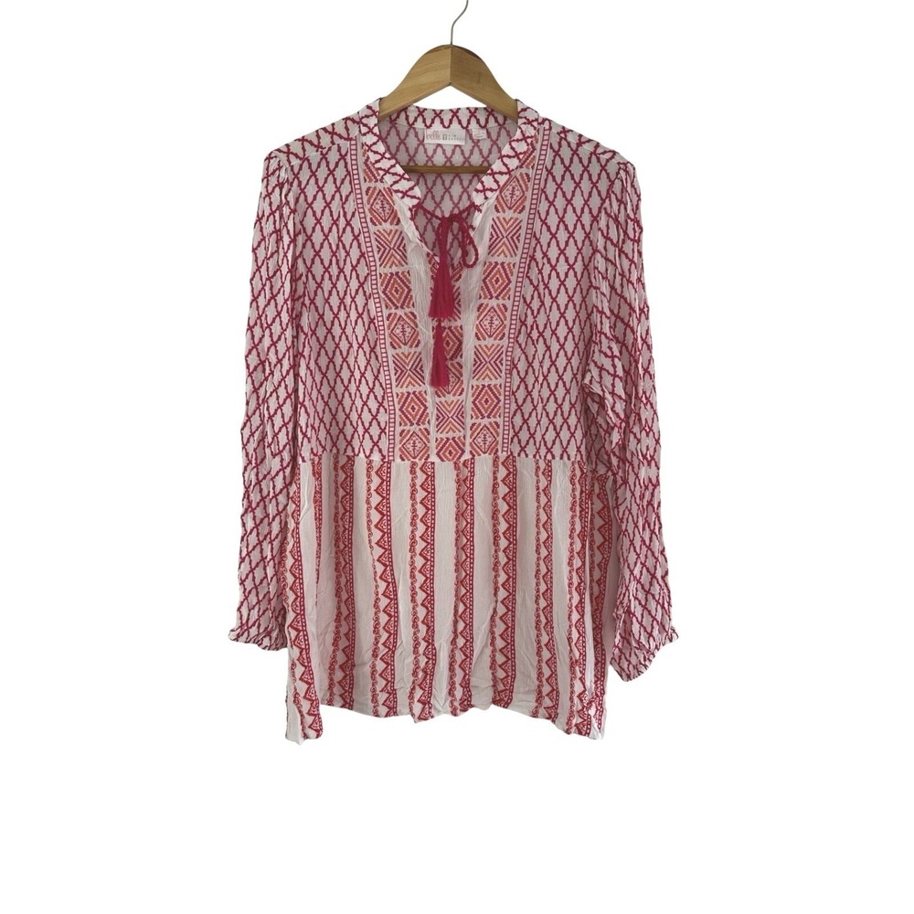 Belle by Kim Gravel Beachy Tunic Top Womens Large Embroidered V Neck Tie Tassels